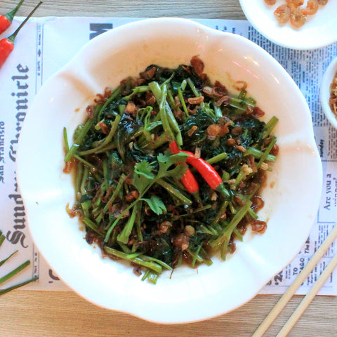 60 Xao Chay: Sauteed Kangkong with Garlic Shrimp Paste